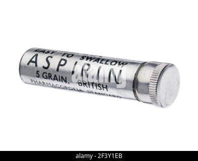 A small tube of British Aspirin from the 1940's. Stock Photo