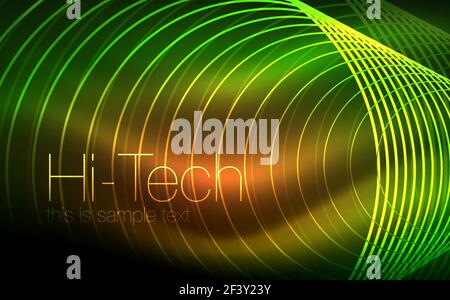 Circular glowing neon shapes, techno background. Abstract shiny transparent circles on dark technology space. Circular glowing neon shapes, techno background. Abstract shiny transparent circles on dark technology space. Glowing neon circles, techno digital background Stock Vector