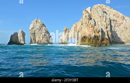 Scenic seascape with El Arco (Land's End) the distinctive rock formation on the Southern end of Baja California Peninsula in Cabo San Lucas, Mexico. Stock Photo