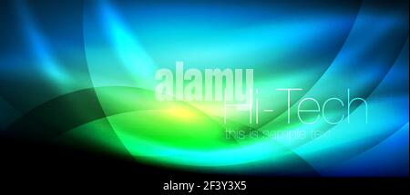 Glossy light effect neon glowing waves, shiny lights. Glossy light effect neon glowing waves, shiny lights. Digital techno futuristic abstract background, vector illustration Stock Vector