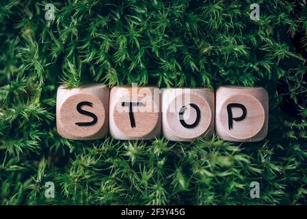 Wooden cubes with word Stop over green grass, forest moss background. Top view. Copy space. Text Stop on craft blocks. Ecology, organic, zero waste Stock Photo