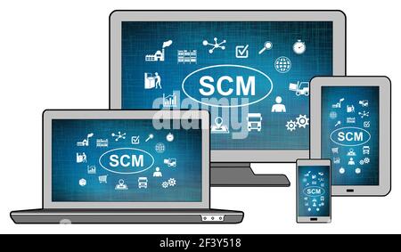 Scm concept shown on different information technology devices Stock Photo