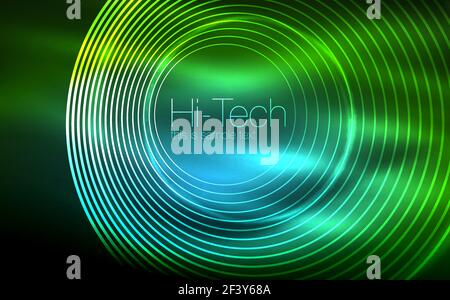 Circular glowing neon shapes, techno background. Abstract shiny transparent circles on dark technology space. Circular glowing neon shapes, techno background. Abstract shiny transparent circles on dark technology space. Glowing neon circles, techno digital background Stock Vector