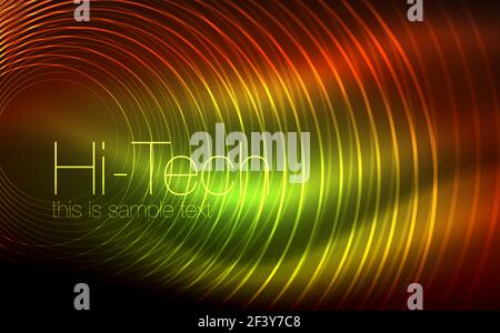 Circular glowing neon shapes, techno background. Abstract shiny transparent circles on dark technology space. Circular glowing neon shapes, techno background. Abstract shiny transparent circles on dark technology space. Glowing neon circles, techno digital background Stock Vector