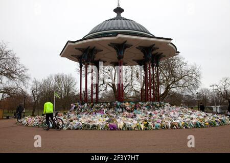 Flowers in Memory of Sarah Everard on Clapham Common, London UK