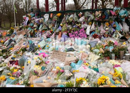 Sign and Flowers in Memory of Sarah Everard on Clapham Common, London UK