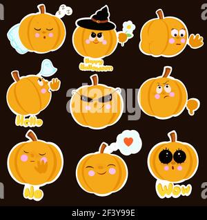 An icute pumpkin stickers for Halloween with different emotions Stock Photo