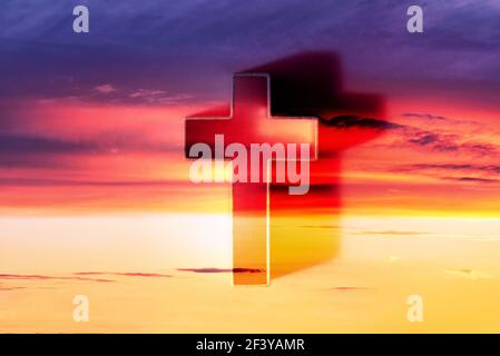 Silhouette Of Shining Cross On Sunset Sunrise Background Banner Copy Space Easter Ascension