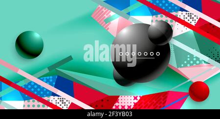 Abstract geometric poster created with polygonal triangle elements, lines, spheres, material textures, holographic elements. Abstract geometric poster created with polygonal triangle elements, lines, spheres, material textures, holographic elements. Vector modern abstract background Stock Vector