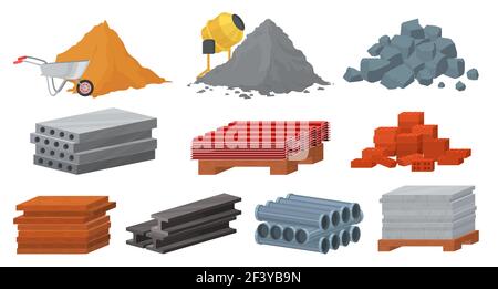 Construction materials set, flat vector illustration. Pile of sand cement stones bricks. Gypsum blocks, metal roof, tile Stock Vector