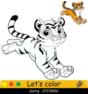 Cute jumping tiger. Cartoon character tiger. Coloring book page with colorful template. Vector contour isolated illustration. For coloring book, presc Stock Vector