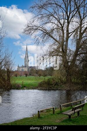 View of Salisbury Cathedral and the River Avon from the water meadows in Salisbury, Wiltshire, UK on 18 March 2021 Stock Photo