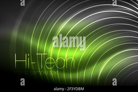 Circular glowing neon shapes, techno background. Abstract shiny transparent circles on dark technology space. Circular glowing neon shapes, techno background. Abstract shiny transparent circles on dark technology space. Glowing neon circles, techno digital background Stock Vector