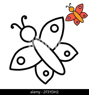 A coloring page for kids with a thick outline and a sample of how to color, a butterfly Stock Photo