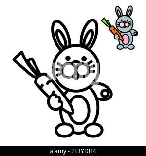 A coloring page for kids with a thick outline and a sample of how to color, a rabbit holding a carrot Stock Photo