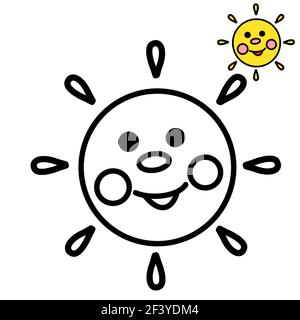 A coloring page for kids with a thick outline and a sample of how to color, a happy sun Stock Photo