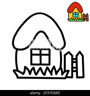 A coloring page for kids with a thick outline and a sample of how to color, a house Stock Photo