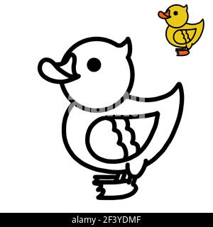 A coloring page for kids with a thick outline and a sample of how to color, a chick Stock Photo