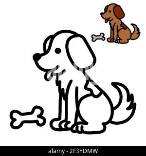 A coloring page for kids with a thick outline and a sample of how to color, a dog and bone Stock Photo