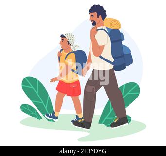 Happy Father And Son Hiking Traveling Together Flat Vector Illustration Parent Child Relationship Outdoor Activity Stock Vector Image Art Alamy