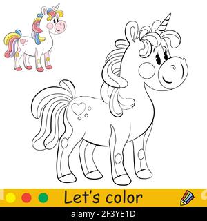 Cute toy unicorn with rainbow mane. Coloring book page with colorful template. Vector cartoon illustration isolated on white. For coloring book, presc Stock Vector