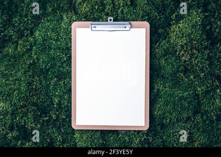 Clipboard, paper, pen on green grass, moss background. Copy space. Top view. Office mock up, remote job. Wild nature, ecology concept. Summer forest Stock Photo
