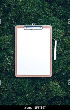 Notepad, pencil on green grass, moss background. Copy space. Top view. Office mock up, remote job. Wild nature, ecology concept. Summer forest Stock Photo