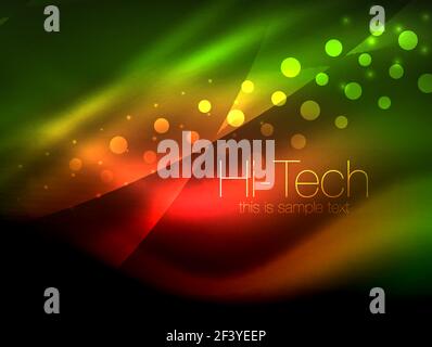 Neon wave background with light effects, curvy lines with glittering and shiny dots, glowing colors in darkness, magic energy. Neon wave background with light effects, curvy lines with glittering and shiny dots, glowing colors in darkness, vector magic energy illustration Stock Vector