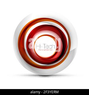 Digital techno sphere web banner, button or icon with text. Glossy swirl color abstract circle design, hi-tech futuristic symbol with color rings and grey metallic element. Digital techno sphere web banner, button or icon with text. Glossy swirl color abstract circle design, hi-tech futuristic symbol with color rings and grey metallic element. Vector illustration Stock Vector