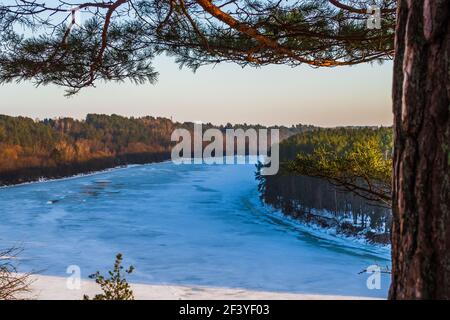 Beautiful Winter Landscape in the Frozen River Stock Photo