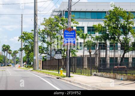 Tampa, USA - April 27, 2018: Downtown city in Florida with colorful blue sign for Ybor city national historic landmark district old town Stock Photo