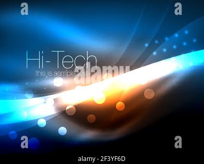 Neon wave background with light effects, curvy lines with glittering and shiny dots, glowing colors in darkness, magic energy. Neon wave background with light effects, curvy lines with glittering and shiny dots, glowing colors in darkness, vector magic energy illustration Stock Vector
