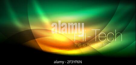 Glossy light effect neon glowing waves, shiny lights. Glossy light effect neon glowing waves, shiny lights. Digital techno futuristic abstract background, vector illustration Stock Vector