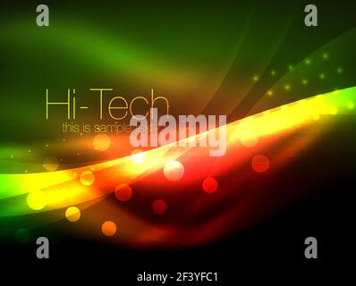 Neon wave background with light effects, curvy lines with glittering and shiny dots, glowing colors in darkness, magic energy. Neon wave background with light effects, curvy lines with glittering and shiny dots, glowing colors in darkness, vector magic energy illustration Stock Vector