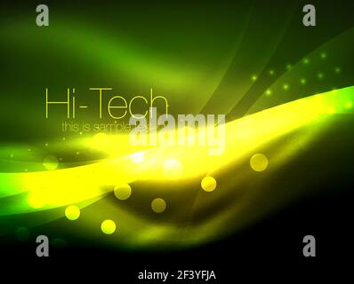 Neon wave background with light effects, curvy lines with glittering and shiny dots, glowing colors in darkness, magic energy. Neon wave background with light effects, curvy lines with glittering and shiny dots, glowing colors in darkness, vector magic energy illustration Stock Vector