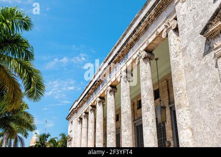 Fort Myers, USA - April 29, 2018: Side view of Sidney and Berne Davis Art center building in Florida of classical architecture columns for music event Stock Photo