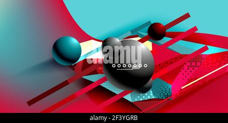 Abstract geometric poster created with polygonal triangle elements, lines, spheres, material textures, holographic elements. Abstract geometric poster created with polygonal triangle elements, lines, spheres, material textures, holographic elements. Vector modern abstract background Stock Vector
