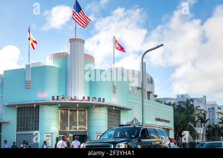 Miami Beach, USA - May 5, 2018: People by colorful Senor Frogs bar restaurant in Art Deco South Beach district, Florida on Collins avenue in summer Stock Photo