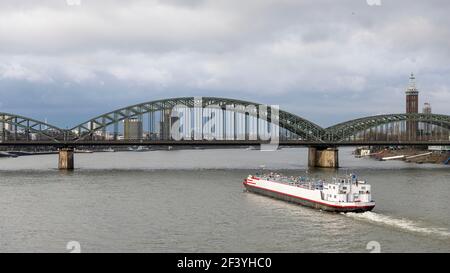 Rhine river is an active transport route in Germany. Goods and people are transported with river boats. Stock Photo