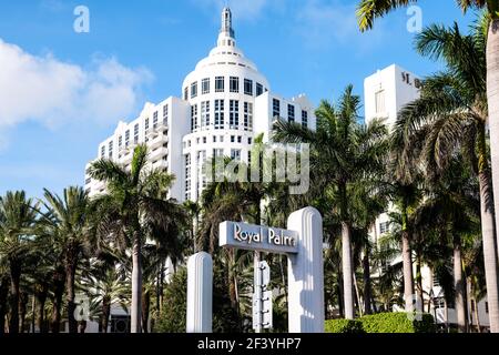 Miami Beach, USA - May 5, 2018: Royal Palm South Beach spa resort hotel in Florida with entrance sign by palm trees in Art Deco district on Collins av Stock Photo
