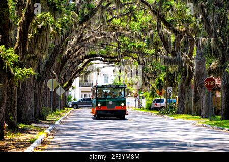 St. Augustine, USA - May 10, 2018: Magnolia avenue street road shadows with live oak trees canopy, hanging Spanish moss in Florida city with old town Stock Photo
