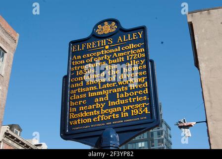 Sign on Elfreth’s Alley, a collection of early American houses, Philadelphia Pennsylvania Stock Photo