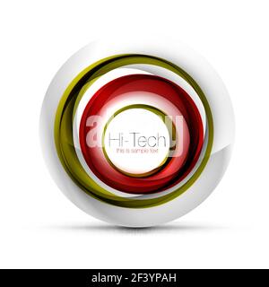 Digital techno sphere web banner, button or icon with text. Glossy swirl color abstract circle design, hi-tech futuristic symbol with color rings and grey metallic element. Digital techno sphere web banner, button or icon with text. Glossy swirl color abstract circle design, hi-tech futuristic symbol with color rings and grey metallic element. Vector illustration Stock Vector