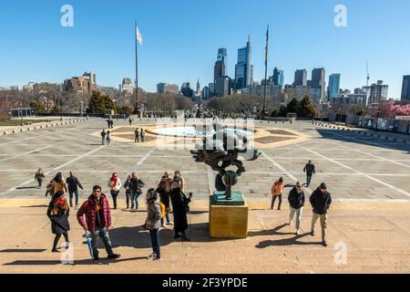 City skyline of Philadelphia, Pennsylvania. From the steps in front of the Museum of art. Also known as the Rocky steps Stock Photo