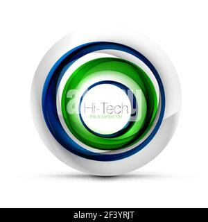Digital techno sphere web banner, button or icon with text. Glossy swirl color abstract circle design, hi-tech futuristic symbol with color rings and grey metallic element. Digital techno sphere web banner, green and blue colors, button or icon with text. Glossy swirl color abstract circle design, hi-tech futuristic symbol with color rings and grey metallic element. Vector illustration Stock Vector