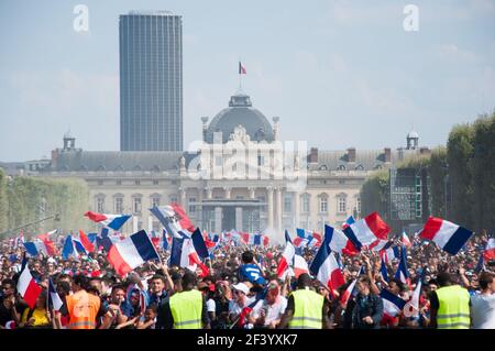 PARIS, FRANCE - JULY 15, 2018 : World Cup 2018 final game at Champ de Mars, where thousands of french team fans watched the game. Stock Photo