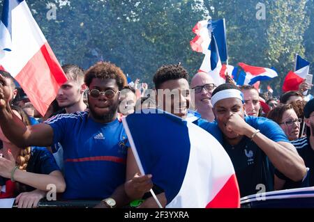 PARIS, FRANCE - JULY 15, 2018 : World Cup 2018 final game at Champ de Mars, where thousands of french team fans watched the game. Stock Photo