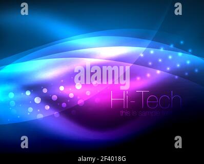 Neon wave background with light effects, curvy lines with glittering and shiny dots, glowing colors in darkness, magic energy. Neon wave background with light effects, curvy lines with glittering and shiny dots, glowing colors in darkness, vector magic energy illustration Stock Vector