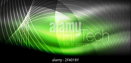 Glossy light effect neon glowing waves, shiny lights. Glossy light effect neon glowing waves, shiny lights. Digital techno futuristic abstract background, vector illustration Stock Vector