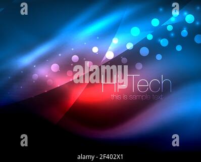 Neon wave background with light effects, curvy lines with glittering and shiny dots, glowing colors in darkness, magic energy. Neon wave background with light effects, curvy lines with glittering and shiny dots, glowing colors in darkness, vector magic energy illustration Stock Vector